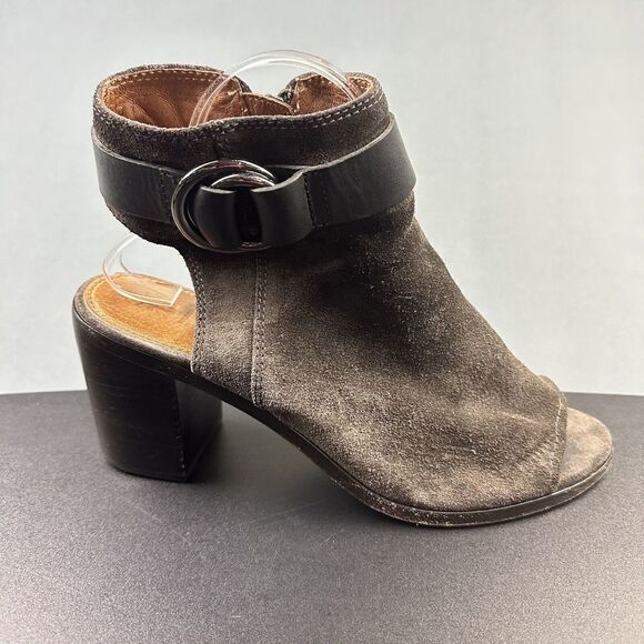 Frye Ankle Boots Womens 9.5M Brown Danica Harness Suede Leather Peep Toe Booties - Picture 1 of 16